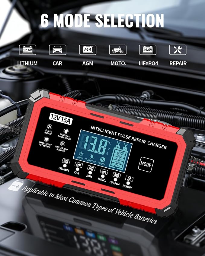 12V 15A Car Battery Charger - Smart Automatic Trickle Charger Battery Maintainer for Car Battery with Pulse Repair & LCD Display, Compatible with Lithium/CAR/AGM/Moto/LiFePO4 Batteries