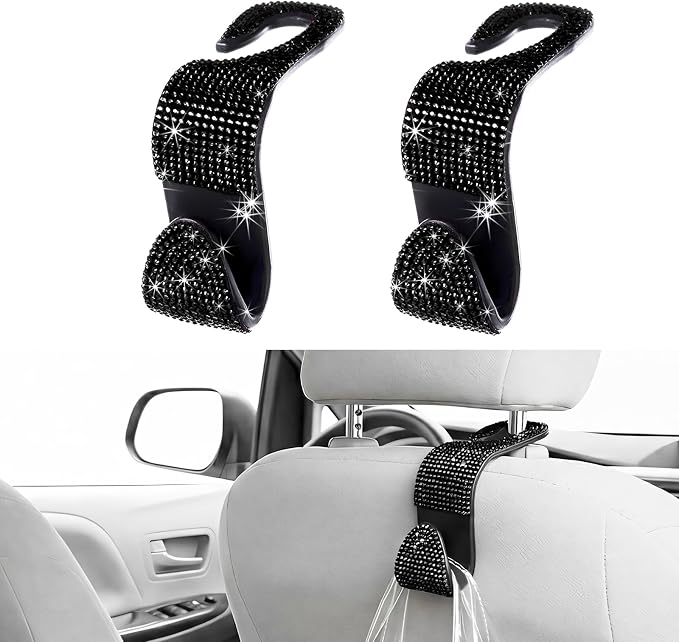 2 PCS Car Seat Headrest Hook, Crystal Rhinestone Seat Hanger Auto Interior Purse Holder, Bling Vehicle Backseat Hangers for Grocery Bags Handbags Coats, Car Accessories (Black)