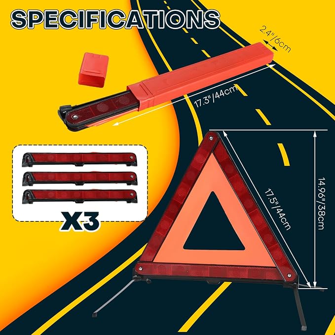 Reflective Safety Triangle Kit | Emergency Warning Triangles with Storage Case Roadside Reflective Early Warning Sign for Vehicles Breakdown (3)