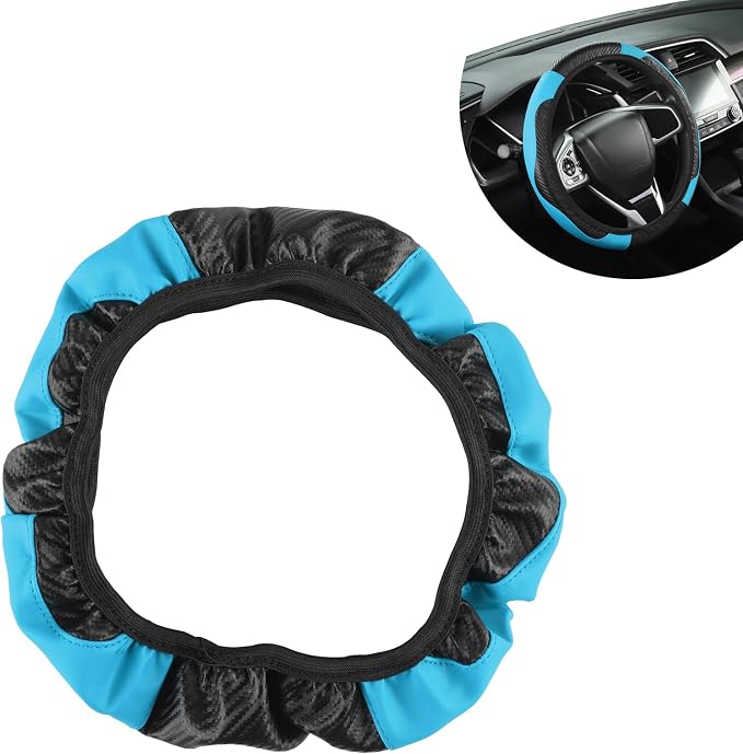 Leather Car Steering Wheel Cover,15 Inch Carbon Fiber PU Elastic Steering Wheel Protector, Anti-Slip Breathable Driving Wheels Covers, Universal Car Interior Accessories (Blue)