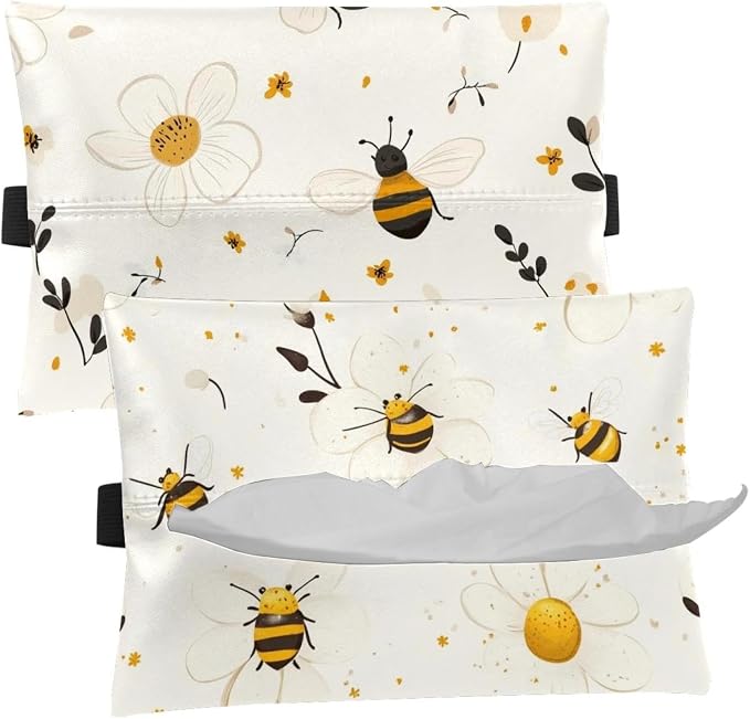 White Flower and bee (36) Car Tissue Holder, Tissue Box Cover Keep Car Tidy, Microfiber Leather Backseat Napkin Rectangle Organizer, Extra Large Tissue Box Storage in Car