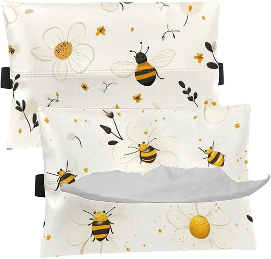 White Flower and bee (36) Car Tissue Holder, Tissue Box Cover Keep Car Tidy, Microfiber Leather Backseat Napkin Rectangle Organizer, Extra Large Tissue Box Storage in Car