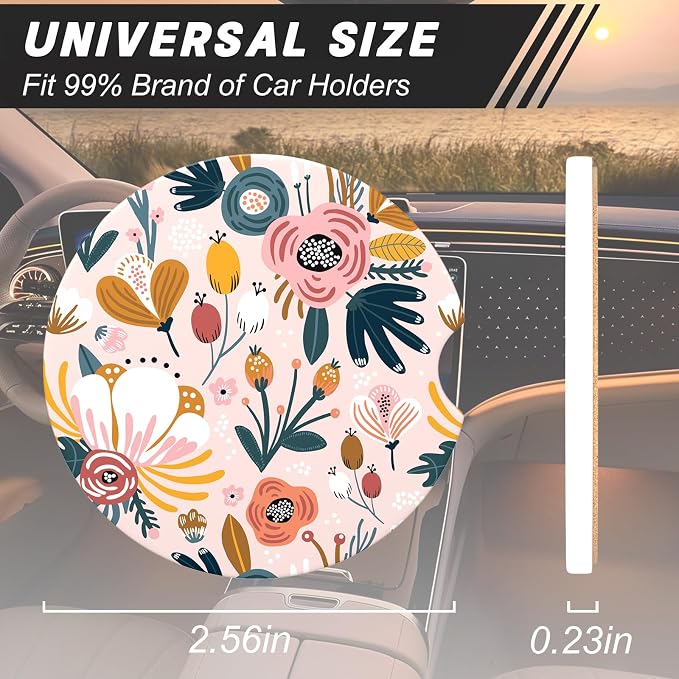 Aiawoxc Car Cup Holder Coasters, 2 Pack Universal Auto Anti Slip Insert Coaster with A Finger Notch, Cup Mat for Most Car Interior, Pink Flower