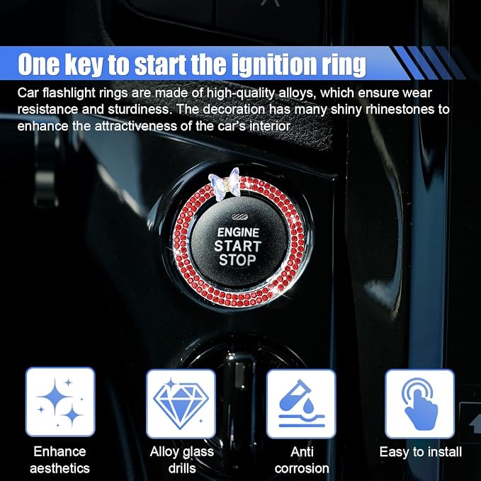 Bling Butterfly Car Engine Push Start Button Ring Sticker (Red) | Crystal Rhinestone Auto Key Ignition Knob Ring Emblem, Sparkling Auto Interior Decoration Accessories for Women