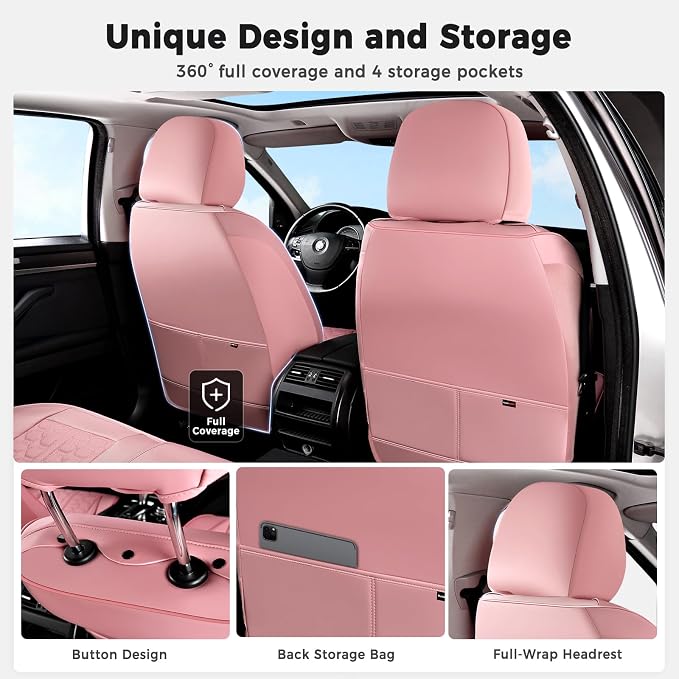 Huidasource Pink Car Seat Covers Front Seat, 360° Full Wrap Leather Seat Cushion Covers Universal Fit for Most Cars SUV Trucks, Automotive Seat Covers, Retain Functions, Protect Original Seat
