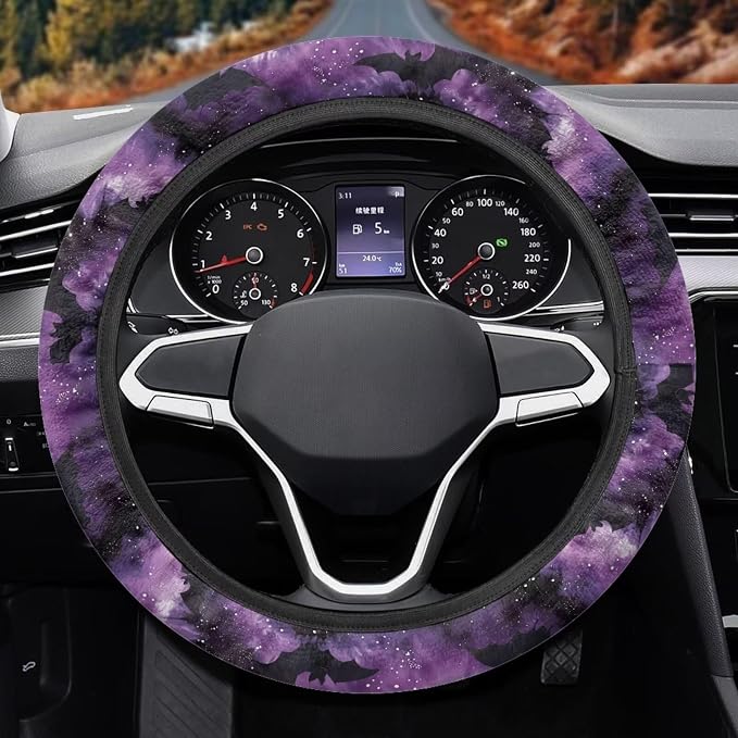 Wanyint Car Steering Wheel Cover Soft Stretch Auto Steering Wrap Protector for Women Men, Universal Halloween Auto Accessories Fit Most Vehicles, Bat Purple Tie-dye
