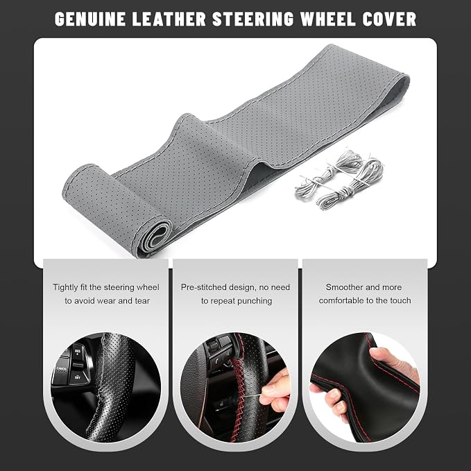 Genuine Leather Steering Wheel Cover, 15 Inch Stitch on Steering Wheel Protector with Needle & Thread, Anti-Slip DIY Sewing Wheels Wrap for Most Vehicles (Gray, Full Hole)