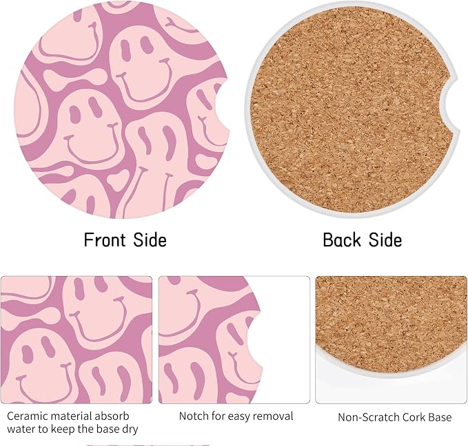 Car Coasters,Purple Smily Absorbent 2 Pack for Cup Holders with Finger Notch,2.56 inches Ceramics Heat Resistant Anti Slip Cork Base Car Drinks Coasters Auto Cup Holder(Pink Smily)