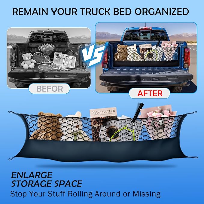 Truck Bed Cargo Net for 2019-2026 Chevy Silverado&GMC Sierra 1500/2500HD/3500HD Accessories, Envelope Style Trunk Mesh Cargo Net, Heavy Duty&Double-Layer Nylon Storage Rear Netting Holder Organizer