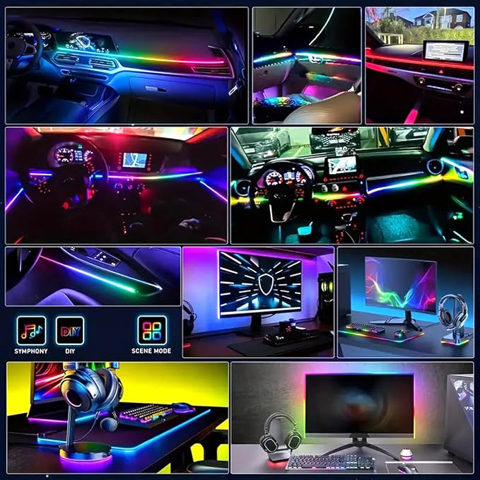 Interior Car Ambient Lighting Neon Kit for Center Console Dashboard Gap | 43.3 Inches, High Bright, RGB LED Ultrathin Acrylic Strip Lights, APP & Remote Control, USB interface, Music Sync, Universal