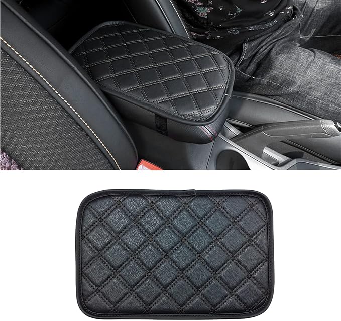 8sanlione Car Leather Center Console Cushion Pad, 11.4"x7.4" Waterproof Armrest Seat Box Cover Fit for Cars, Vehicles, SUVs, Comfort, Car Interior Protection Accessories (Black-2)