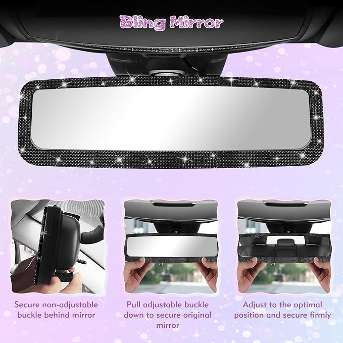 Bling Car Rear View Mirror, Rearview Accessories with Rhinestones Crystal Diamonds，Bling Car Accessories for Women (Black)
