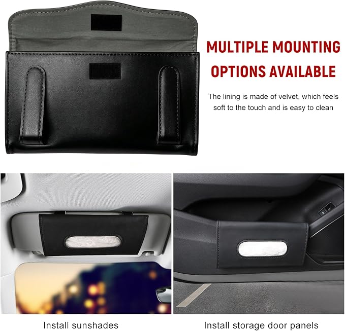 Car Visor Tissue Holder, Leather Auto Paper Towel Case Sun Visor Napkin Dispenser with 1 Pack Tissues, Rectangular Backseat Paper Towel Storage Holder for Most Vehicles (Black)