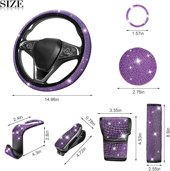 11PCS/Set Bling Car Accessories Set for Women, Rhinestone Vehicle Steering Wheel Cover Seat Belt Cushion Gear Shift Protector Cup Holder Coaster, Universal Automotive Accessories (Purple)
