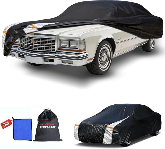 Multi-Layer Car Cover Custom Fit for Cadillac DeVille(1994-1999), 100% Waterproof All Weather for Automobiles, Gift with Towel, Heavy Duty Car Covers for Rain Sun UV Protection with Door Zipper.