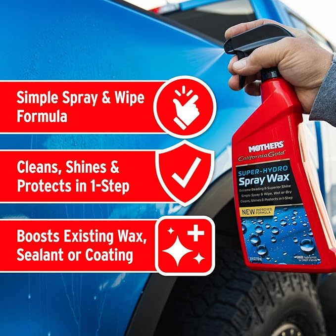 Mothers California Gold Super-Hydro Spray Wax, 24 oz. (05724) | Just Waxed Brilliance & Beading, Cleans, Shines & Protects in 1-Step, Use Dry or Wet, Drying Aid, Existing Wax or Coating