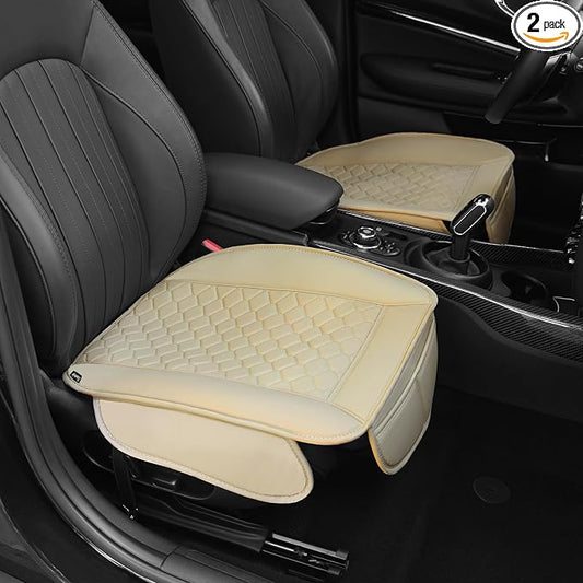 Elantrip 2 Pcs Faux Leather Beige Car Seat Covers with Padded Comfort and Storage Pockets Waterproof, Anti-Slip, Full Wrap Protection - Premium Interior Protectors for Cars, Trucks, SUVs