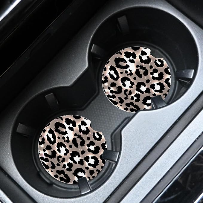 2pcs Cute Leopard Print Car Coasters,Absorbent Universal neoprener Cup Holder Coasters with a Finger Notch,Car Accessories for Women&Man Interior，2.75" 3