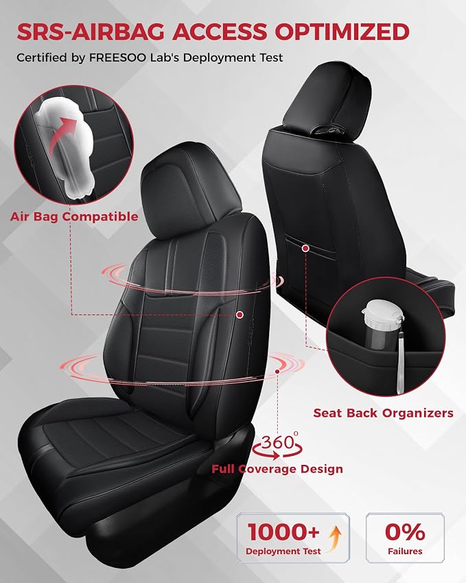 FREESOO Universal Full Seat Covers, Waterproof Faux Leather Automotive Seat Covers with Carbon Fiber Texture Seat Belt Pads, Anti-Slip Airbag Compatible Car Seat Covers for Cars SUVs Trucks