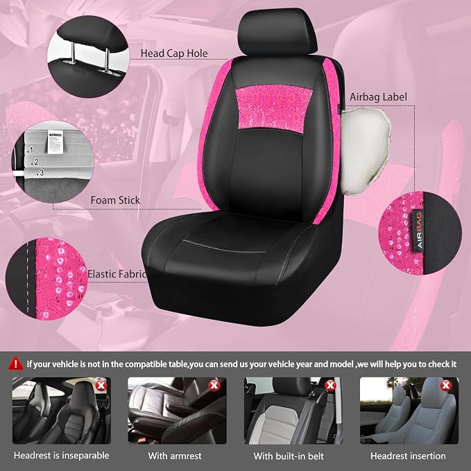 CAR PASS Universal Leather Pink Lace Car Seat Covers Full Set for Women Girls, Waterproof Car Floor Mats Carpet, Steering Wheel Cover for Cars Accessories Interior Sets 10PCS Included