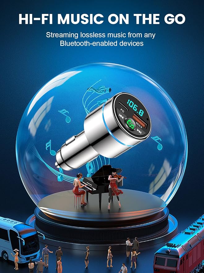 RIWUSI FM Transmitter for Car Bluetooth 5.3, [All-Metal] PD 30W & QC3.0 18W Fast Car Charger, Wireless FM Radio Kit Bluetooth Car Adapter, Noise Cancelling Hands-Free Call, Blue Light - Sliver