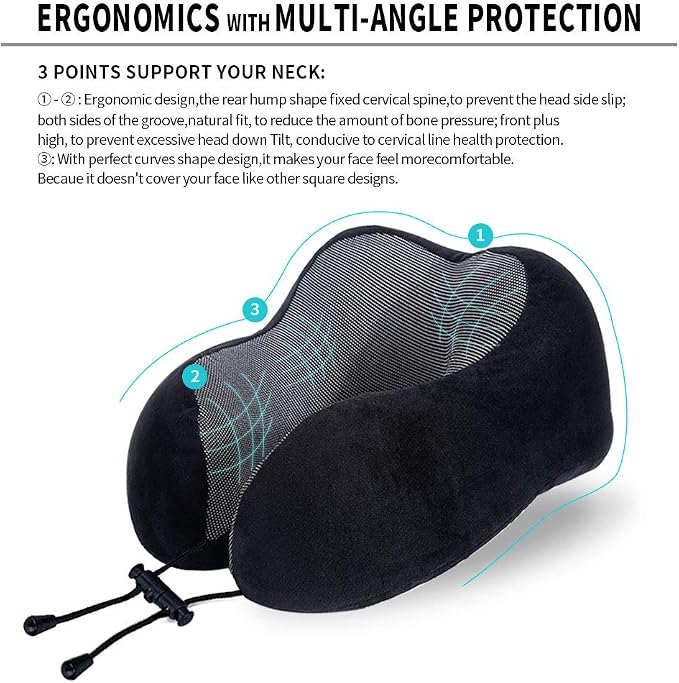 TALLGO Travel Pillow, Best Memory Foam Neck Pillow Head Support Soft Pillow for Sleeping Rest, Airplane Car & Home Use (Black)