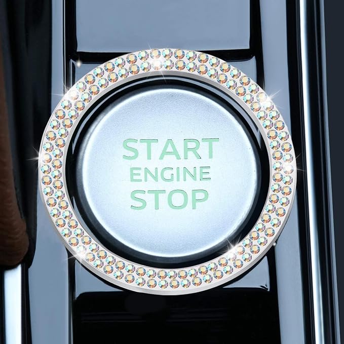 LivTee 2 PCS Crystal Double Rhinestone Car Engine Start Stop Decoration Ring, Bling Car Interior Accessories for Women, Push to Start Button Cover Sticker, Automotive Decals, Colorful