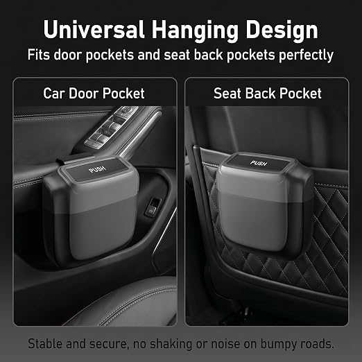 Car Trash Can with Lid, Mini Portable Hanging Clutter Canister with Trash Bags, Waterproof Leakproof Push-Button Storage Bucket, Universal Interior Accessories for Cars Trucks SUVs (Black)