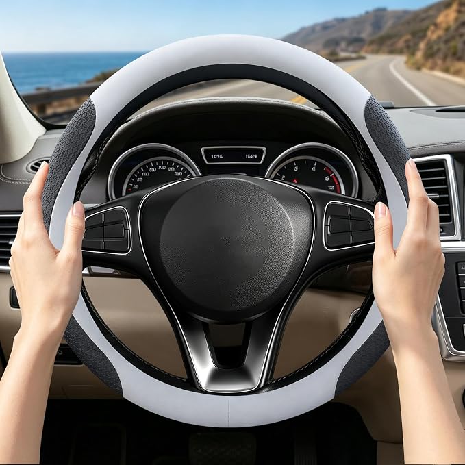 Premium Nappa Leather Steering Wheel Cover, Universal, Comfort Grip, Anti-Slip Breathable, Compatible with 14.5-15 in Steering Wheel Protector, White