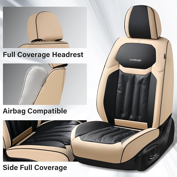 Coverado Car Seat Covers, Seat Covers for Cars 5 Seats, Full Set Car Seat Protector, Waterproof Nappa Leather Car Seat Cushion, Auto Seat Covers Universal Fit for Most Vehicles, Beige&Black