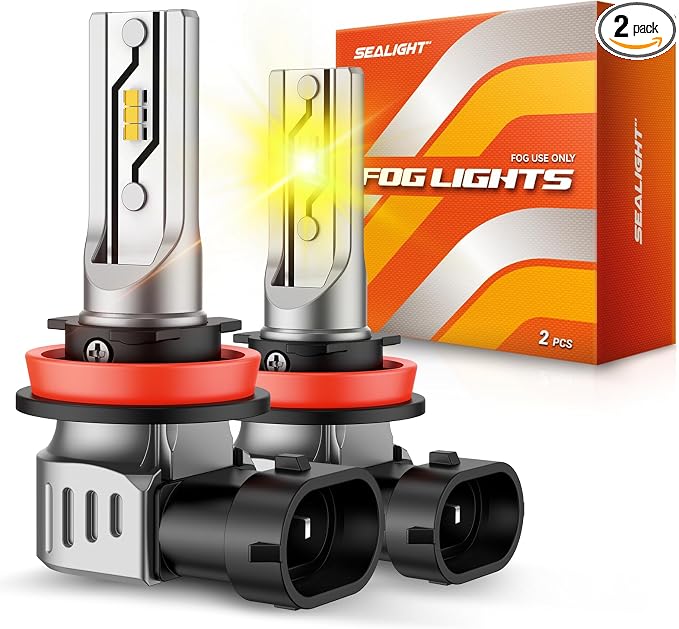 SEALIGHT H11 LED Fog Light Bulbs Yellow, 12000LM H8 H16 H11 Yellow LED Fog Light Bulb 600% Brightness, 1:1 Size 100% Successful Installation for Trucks Cars, 3000K Amber Yellow, Pack of 2