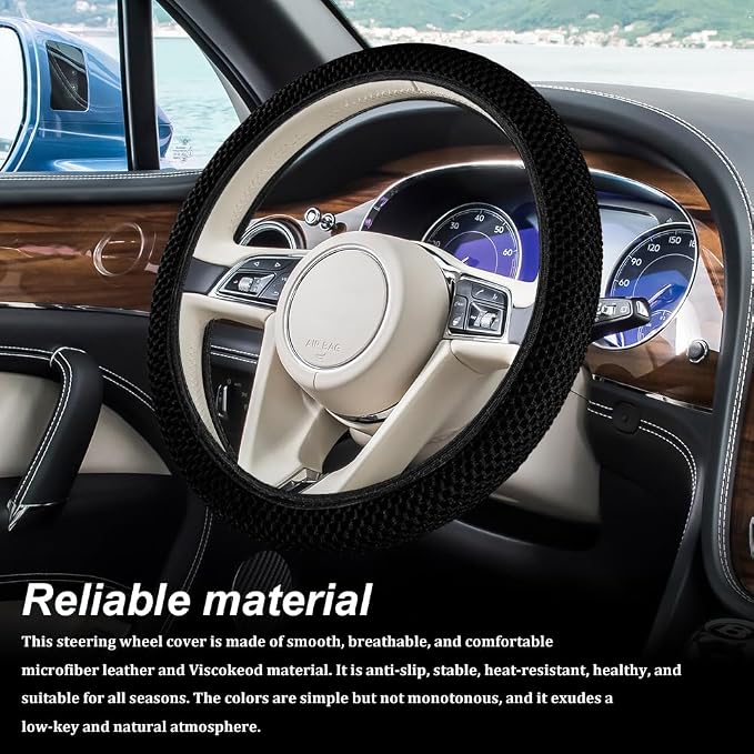 Breathable Elastic Steering Wheel Cover,15 Inch Stretch Steering Wheel Protector,Microfiber Ice Silk Anti-Slip Car Wheel Cover,Odorless Comfort Grip Interior Accessory for Cars SUV Truck（Black）