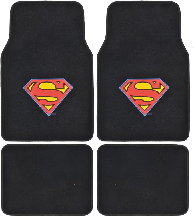 BDK Warner Brothers DC Comics Classic Superman Licensed Auto Carpet Floor Mats, Universal Fit 4PC Set Front & Rear for Car Truck Van SUV