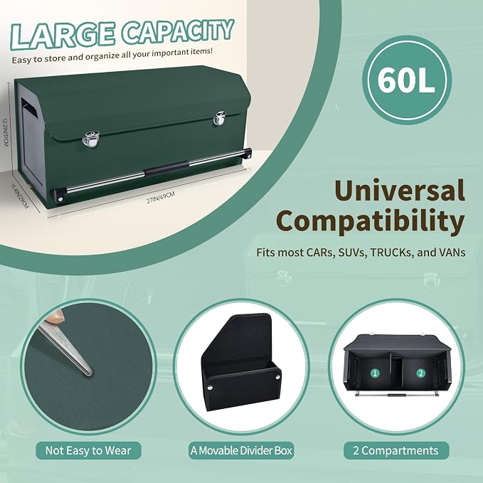 Trunk Organizer for Car with Lid Leather Trunk Organizer Car Organizer | SUV Trunk Organizer with Push-pull Handle Car Trunk Storage Organizer for Minivan, Truck, Sedan (Green, 27.1 x 11.4 x 12.2in)