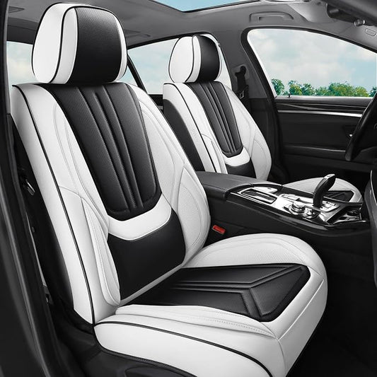 Car Seat Covers Full Set White and Black, Premium Leather Car Seat Covers, Waterproof and Breathable Seat Covers, Universal Car Seat Protector Fit for Cars, Trucks, SUVs, Pick-ups