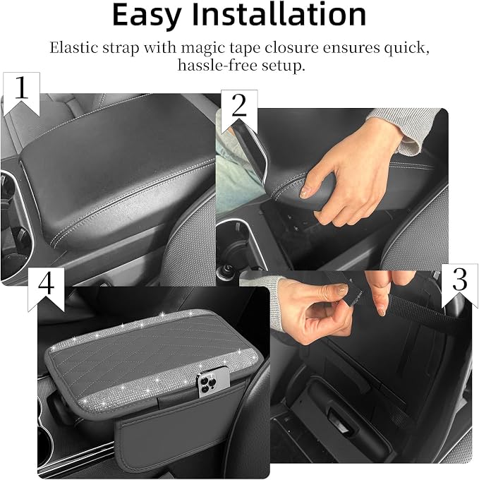 NBTEPEM Bling Grey Car Center Console Cover, Leather Car Arm Rest Cover with 2 Storage Bags, Universal Auto Armrest Protector Storage Box, Bling Accessories Interior for Most Vehicles