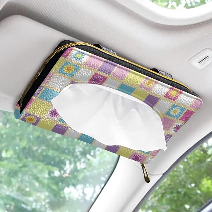 Daisy Color Plaid Car Visor Tissue Box Music Print Car Napkin Holder Daisy Car Mask Holder Tissue Holder PU Leather