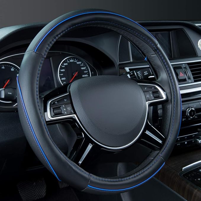 Car Pass Colour Piping Leather Universal Fit Steering Wheel Cover,Perfectly fit for 14.5-15 inches Suvs, Vans, Trucks, Sedans, Cars (Black&Blue)