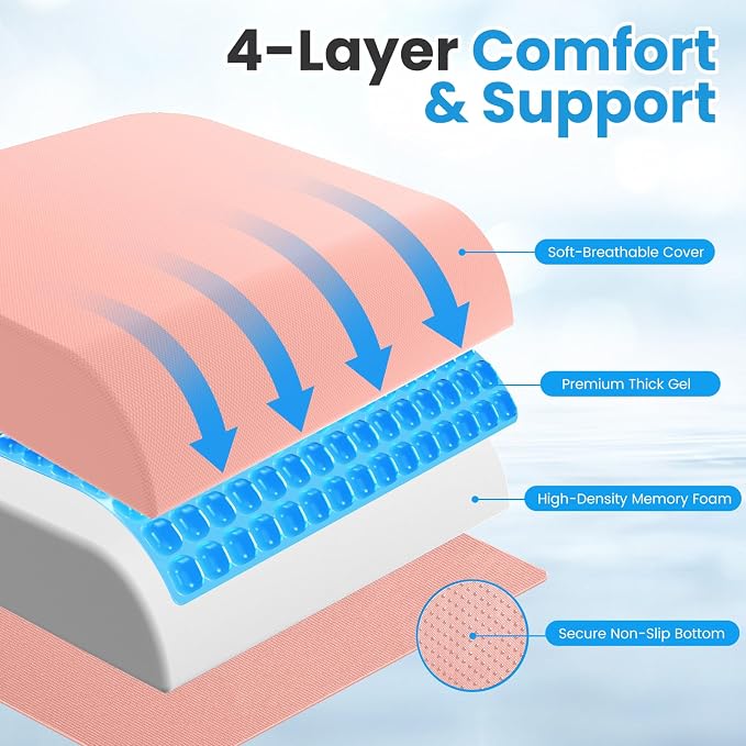 Wheelchair Seat Cushion for Pressure Relief, Cooling Gel Memory Foam Chair Cushion with Slope-Edge Design, Coccyx Support for Tailbone Pain, Non-Slip, for Wheelchairs, Office Chairs & Car Seats, Pink