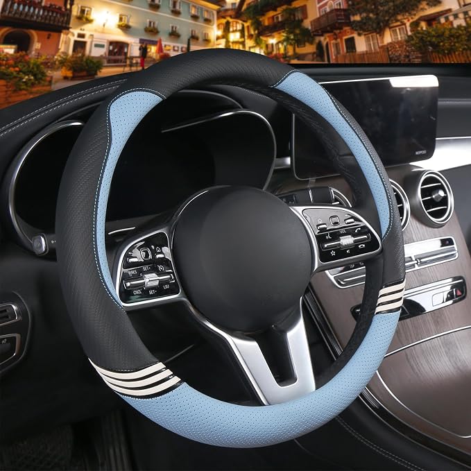 Small 14 inch Cute Leather Steering Wheel Cover Black and Blue | Breathable Non-Slip Faux Leather and Carbon Fiber Car Accessories for Women Men 13.5 inch to 14 inch