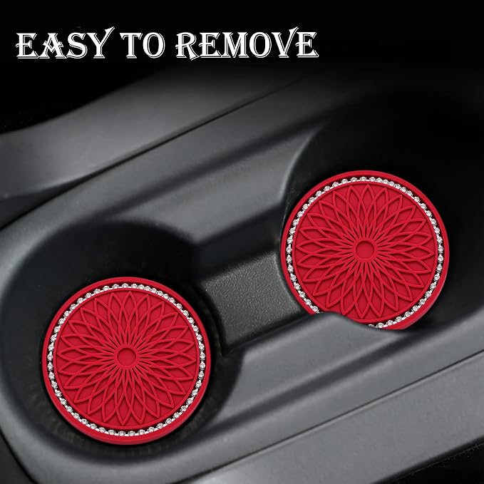 2PCS Bling Car Cup Holder Coasters, 2.75 Inch Silicone Anti-Slip Insert, Bling Shockproof Cup Mat for Women Girls, Universal Fit for Most Vehicles (Red & White)