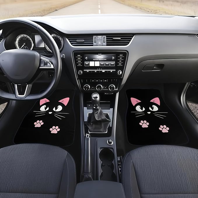 Universal Fit Car Floor Mats Set of 4Pcs, Pink Cartoon Cat All-Weather Front Rear Car Carpet Mats, Non-Slip Car Floor Mat Car Accessories for Automotive Trucks SUV Sedans Vans