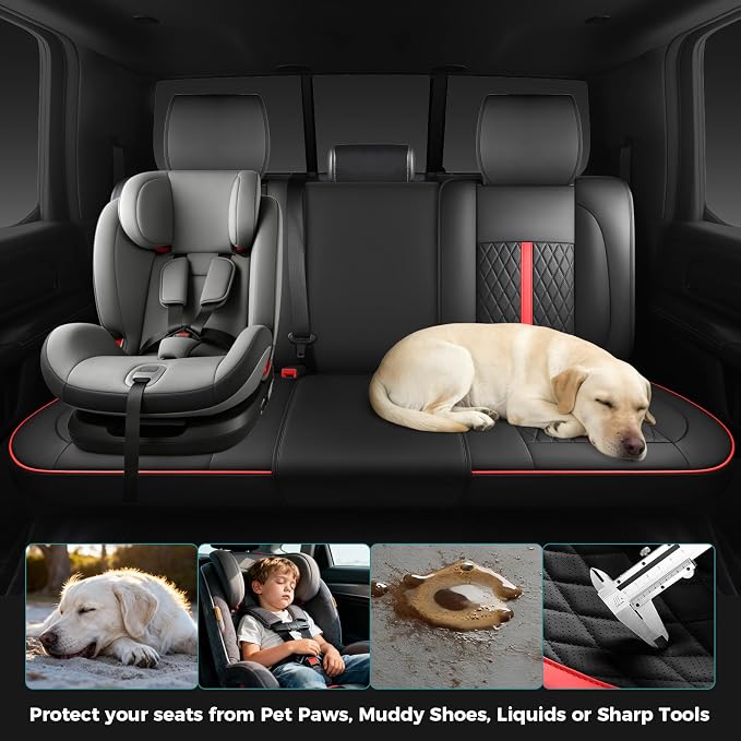 Seat Covers for 2019-2026 Dodge Ram 1500/2500/3500, Flat Bench | lumbar padded, premium waterproof leather, full coverage, anti-slip, storage pockets, long-term durability, airbag compatible