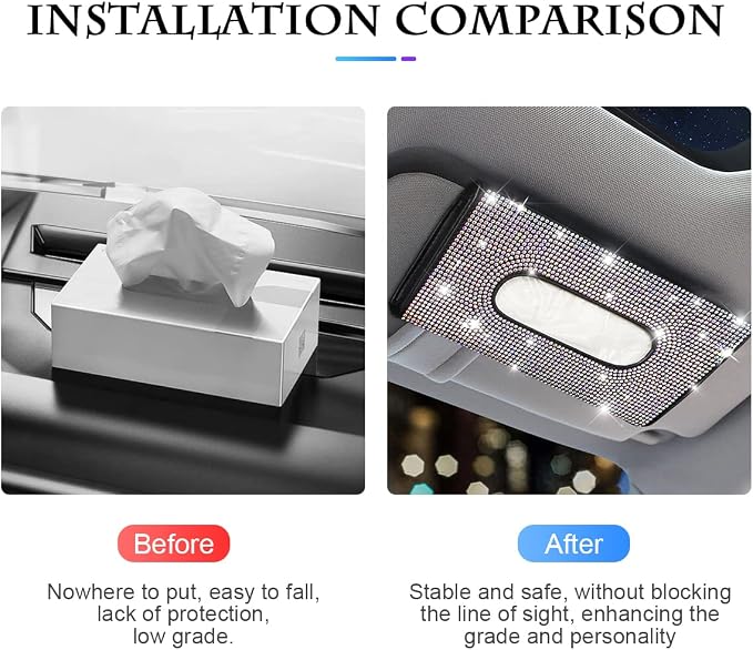 Bling Car Sun Visor Tissue Box Holder, Rhinestone PU Leather Crystal Sparkling Napkin Holder, Backseat Paper Towel Cover Case Car Accessories for Women (Multicolor)