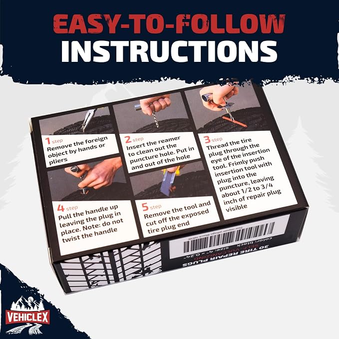 Vehiclex Flat Tire Repair Plugs - 30pcs Heavy Duty Plug and Patch Kit for Emergency Repairs, Black