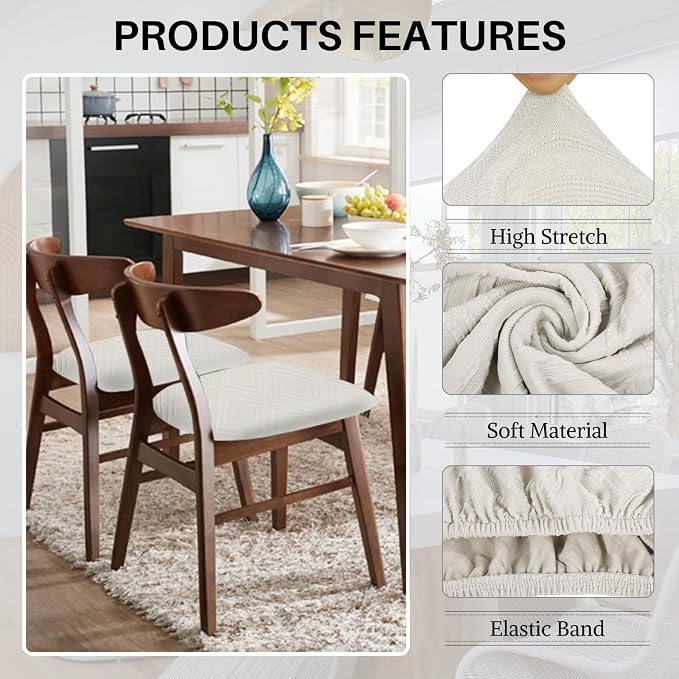 SearchI Water Repellent Seat Covers for Dining Chairs, 6 Pack Jacquard Stretch Dining Room Chair Seat Covers, Kitchen Chair Seat Covers Protectors(Beige Diamond)