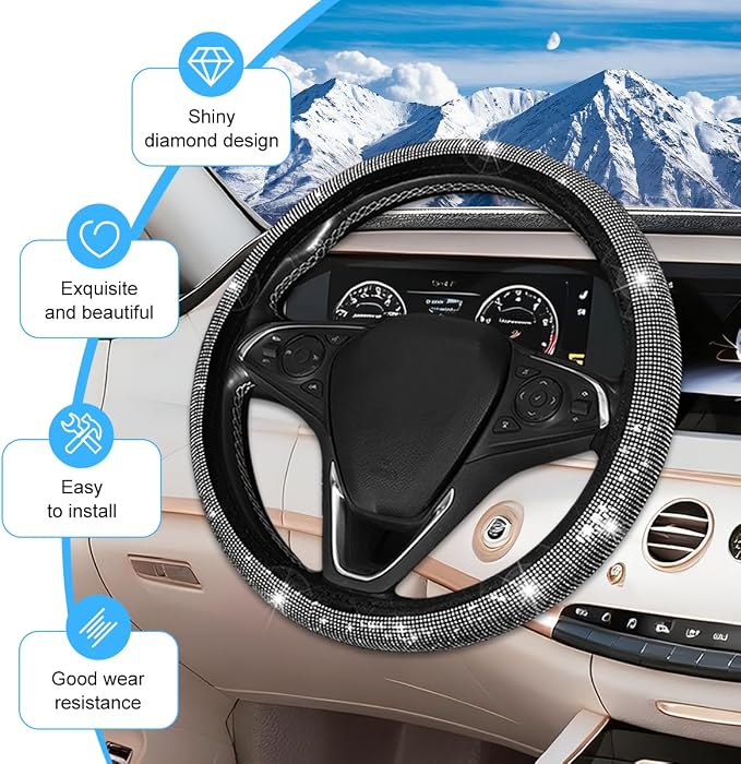 8PCS Bling Car Accessories Set, Sparkly Rhinestone Vehicle Steering Wheel Seat Belt Gear Shift Start Stop Button Cover, Diamond Auto Cup Holder Coaster Decoration, Universal Fit (White)