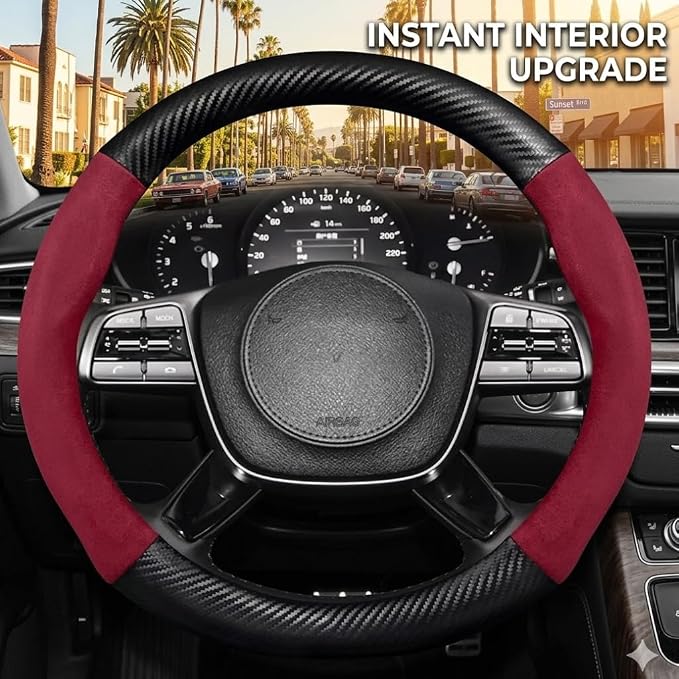 Steering Wheel Cover, Faux Leather, Universal 14.5-15 Inch, Non-Slip, Breathable Slim Fit, for Cars, SUVs, Trucks (Red Black)