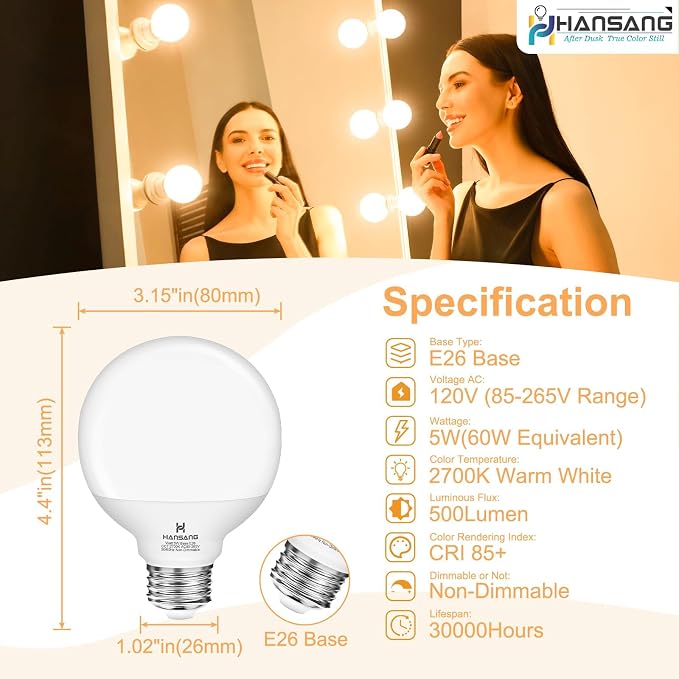 20 Pack Bathroom Light Bulbs, 2700K Warm White E26 LED Globe Bulbs, 60W Equivalent , G25 LED Vanity Light Bulb Perfect for Bathroom Makeup Mirror, Eye-Friendly CRI85+, 120V, 500Lumens, Non-dimmable