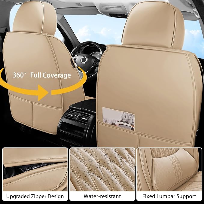 WELLDO Car Seat Covers, 5 Seats, Beige-White | Waterproof, Scratch-Resistant, Breathable & Easy to Clean, Universal Fit for SUV Sedan Truck, Full Set